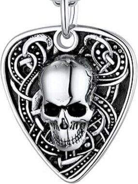 NEW Skull Goth Stainless Steel Necklace Skeleton Pendant w Chain Guitar Pick
